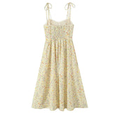 French Retro Floral Print Bow Sexy Spaghetti Straps Dress Women Elegant A-line Midi Casual Summer Dresses Holiday Robe