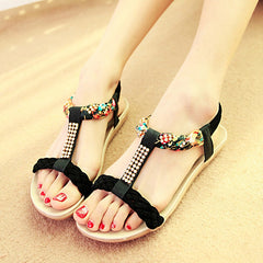 Women Sandals Summer Flat Heel Bohemian Sandals Rhinestone Mixed Color Ladies Elastic Band Open Toes Beach Shoes