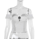 Gothic Bride Off-Shoulder Strap Cropped Top for Women Vintage Style Elegant Spicy Girls Versatile T-Shirt.