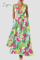 Ingvn - Casual Print Patchwork Slit V Neck Long Dress Dresses
