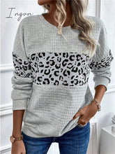 Ingvn - Women's Sweatshirt Pullover Basic Gray Leopard Casual Round Neck Long Sleeve Top Micro-elastic Fall & Winter