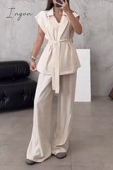 Ingvn - Casual British Style Solid Frenulum Turn-back Collar Sleeveless Two Pieces