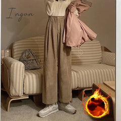 Ingvn - Ins Popular Corduroy Casual Pants Women Solid Tender Retro Wide Leg Trousers High Waist Harajuku Teenager Slouchy Simple Classic