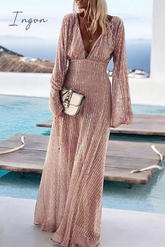 Ingvn - Party Solid Sequins V Neck Evening Dress Dresses