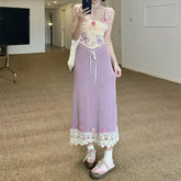 Heavy-Work Knitted Purple Strap Dress Women's French Vintage Design Sensation Beauty Flower Banquet Empire Waist Gown