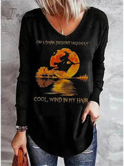 Ingvn - Women's T shirt Tee Tunic Black Blue Green Letter Ghost Print Long Sleeve Halloween Basic V Neck Regular Loose Fit S