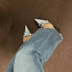 Black Punk Gothic High Heels Pumps for Women Spring Y2K Metal Decor Thin Heeled Shoes Woman Pointed Toe Silver Party Shoes
