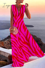 Ingvn - Casual Print Patchwork V Neck Cake Skirt Dresses(5 Colors)