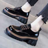 British Style Chunky Platform Pumps Women Spring Lace Up Thick Heels Loafers Woman Round Toe Patent Leather Shoes