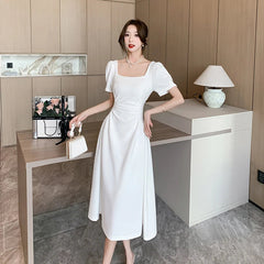 Summer New Elegant Party White Midi Dresses for Women Korean Square Collar Puff Sleeve Slim Holiday Casual Female Clothing