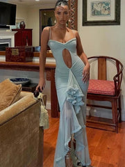 Ingvn Blue Long Party Dress Summer Sexy Spaghetti Straps Hollow Out Bodycon Dresses Women Ruffles Irregular Evening Wedding Dress