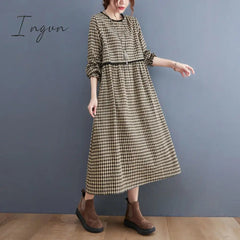 Ingvn - 2023 New Fashion Plaid Patchwork Lace Long Sleeve Autumn Dress Cotton Linen Office Lady Work Dress Women Casual Spring Dress
