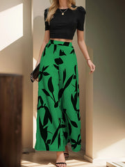 Chic Womens Two-Piece Pantsuit Set - Solid Color T-Shirt with Leaf Print Pants - Stylish Crew Neck & Flattering Wide Leg Design - Perfect Elegant Casual Outfit