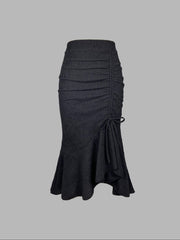 Solid Textured Drawstring Bodycon Skirt, Elegant High Waist Mermaid Hem Ruched Skirt, Women's Clothing