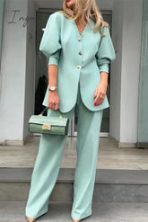 Ingvn - Elegant Solid Buttons V Neck Long Sleeve Two Pieces
