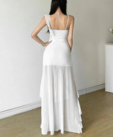 White Sweet Gentle Mature Ruffles Beautiful Summer Street Out Women'S Thin Perspective Tassel Design Long Sling Dress