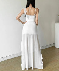 White Sweet Gentle Mature Ruffles Beautiful Summer Street Out Women'S Thin Perspective Tassel Design Long Sling Dress