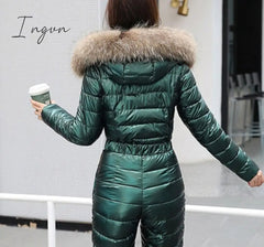 Ingvn - One Piece Ski Suit Women Jackets Winter Hooded Parka Jumpsuit Women Cotton bodysuit Sashes Jumpsuits Zipper Overalls Tracksuits