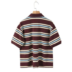 Women American Retro Contrasting Striped T Shirt Women Polo Collar Short Sleeve Preppy Vintage Tees Y2K Tops