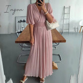 Ingvn - Women V Neck Short Sleeve Office Romper Elegant Casual Solid Color Long Jumpsuits Fashion Simple Elastic Waisted Pleated Rompers