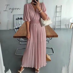 Ingvn - Women V Neck Short Sleeve Office Romper Elegant Casual Solid Color Long Jumpsuits Fashion Simple Elastic Waisted Pleated Rompers