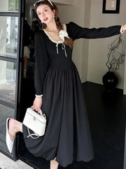 Autumn Sweet Black Midi Dresses for Women Elegant Long Sleeve Female Clothes Evening Party Dress Prom Robe Slim A-Line Vestidos