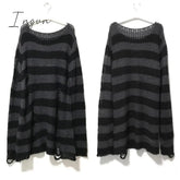 Ingvn - Punk Gothic Long Unisex Sweater Summer Women Striped Cool Hollow Out Hole Broken Jumper Loose Rock Thin Dark Streetwear Top