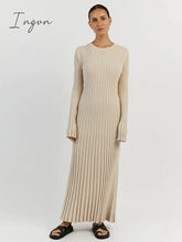 Ingvn - Solid Color Round Neck Long Sleeved Knitted Dress Women Pleated Slim White Long Robes 2023 Summer Lady Office Streetwear Vestido
