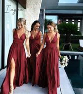 Ingvn - Sexy Bridesmaid Dresses Satin Simple V Neck High Slit Wedding Party Backless Evening Robe For Cccasion Long Prom Gown