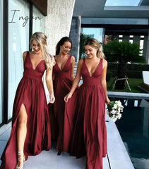 Ingvn - Sexy Bridesmaid Dresses Satin Simple V Neck High Slit Wedding Party Backless Evening Robe For Cccasion Long Prom Gown