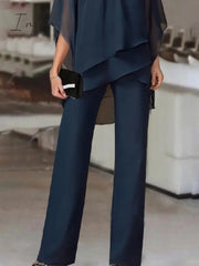 Ingvn - Jumpsuits for Women Summer Dressy Solid Color Round Neck Elegant Daily Vacation Straight Regular Fit Half Sleeve Navy Blue 3XL Spring Fall