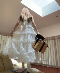 White Dress Elegant Summer Soft And Flowing Hem Cloud Oversized Cake Skirt French Square Neck Slimming Dress Femme