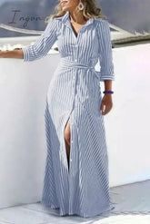 Ingvn - Casual Striped Print Buckle With Belt Turndown Collar Shirt Dress Dresses