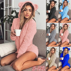 Ingvn - Autumn Keep Warm Velvet Women Rompers Long Sleeve Bodysuit Cute Bear Ears Hoodie Casual Winter Long Sleeve Siamese Shorts