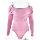Ingvn Sexy V-neck Long Sleeve Bodysuits Fashion Autumn Off Shoulder One Piece T-shirts Streetwear Female Folds Pink Tops Jumpsuit