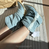 Ingvn Pointed Toe Denim Women Western Cowboy Boots Fashion Slip On Short Booties Retro Style Autumn Winter Female Shoes