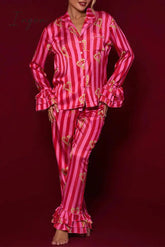 Ingvn - Casual Daily Striped Printing Turndown Collar Long Sleeve Two Pieces