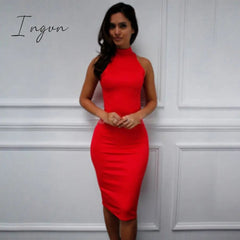 Ingvn - Spring Summer Fashion Turtleneck Sleeveless Elegant Pencil Dress Women Sexy Club Party Bodycon Bandage Slim Dress Vestido