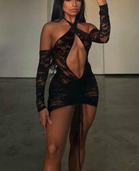 Voguable Lace Up Drawstring Ruched Women Halter Lace Mini Dress Hollow Out Backless Bodycon Sexy Streetwear See Through