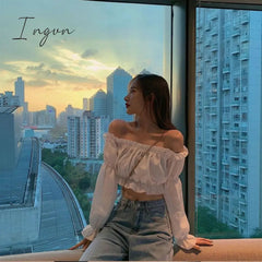 Ingvn - Women Top Sexy Blouse Off Shoulder Top Long Sleeve Club Party White Shirt Puff Sleeve Ruffle Crop Top Summer Tube Top