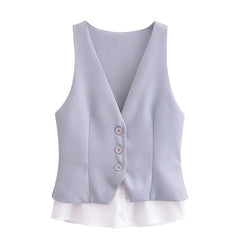 Women Patchwork Striped Temperament Vest Front Button V Neck Sleeveless Waistcoat Spring Summer Chic Tops