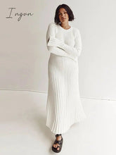 Ingvn - Solid Color Round Neck Long Sleeved Knitted Dress Women Pleated Slim White Long Robes 2023 Summer Lady Office Streetwear Vestido