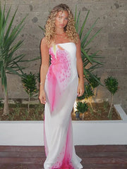 Mesh Floral Print Sexy Maxi Dress For Women Gown Off-shoulder Strapless Sleeveless Backless Bodycon Club Long Dress