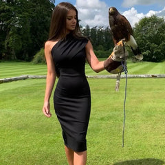 Ingvn - New Summer Black One Shoulder Bandage Dress Women Sexy Sleeveless Bodycon Club Celebrity Evening Party Dress Vestidos