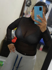 Chic & Sexy Sheer Cowl Neck T-Shirt - High Stretch, All-Season Comfort Women's Top