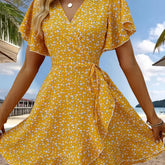 Vibrant Floral Print Ruffle Hem Wrap Dress - Short Sleeve, V-Neck, Sexy, Flowy, Spring & Summer Essential - Women's Clothing for Chic Ladies
