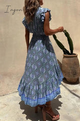 Ingvn - Sexy Vacation Floral Bandage V Neck Printed Dress Dresses