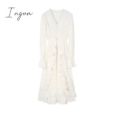 Ingvn - Pure Color French Elegant Dress Woman Long Sleeve Fairy Midi Dress Casual 2023 Summer Slim Party One Piece Dress Korean Design
