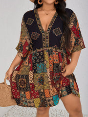 Plus Size Floral Print Dress, Casual Short Sleeve V Neck Dress For Spring & Summer, Women's Plus Size Clothing