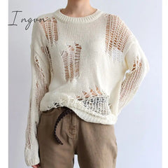 Ingvn - Autumn New Korean Style Long-sleeved Sexy Hole Sweater Asymmetric Hem Loose Pullover Hollow Out Thin Knit Sweater Jumper Tops